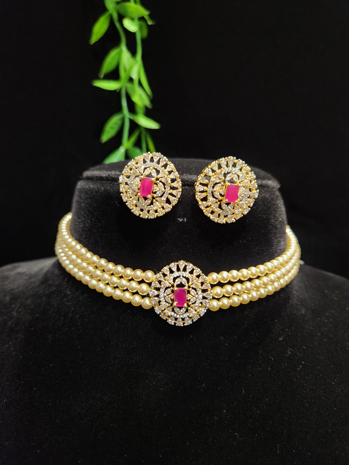 Gold Finish CZ Pearl Choker