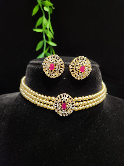 Gold Finish CZ Pearl Choker