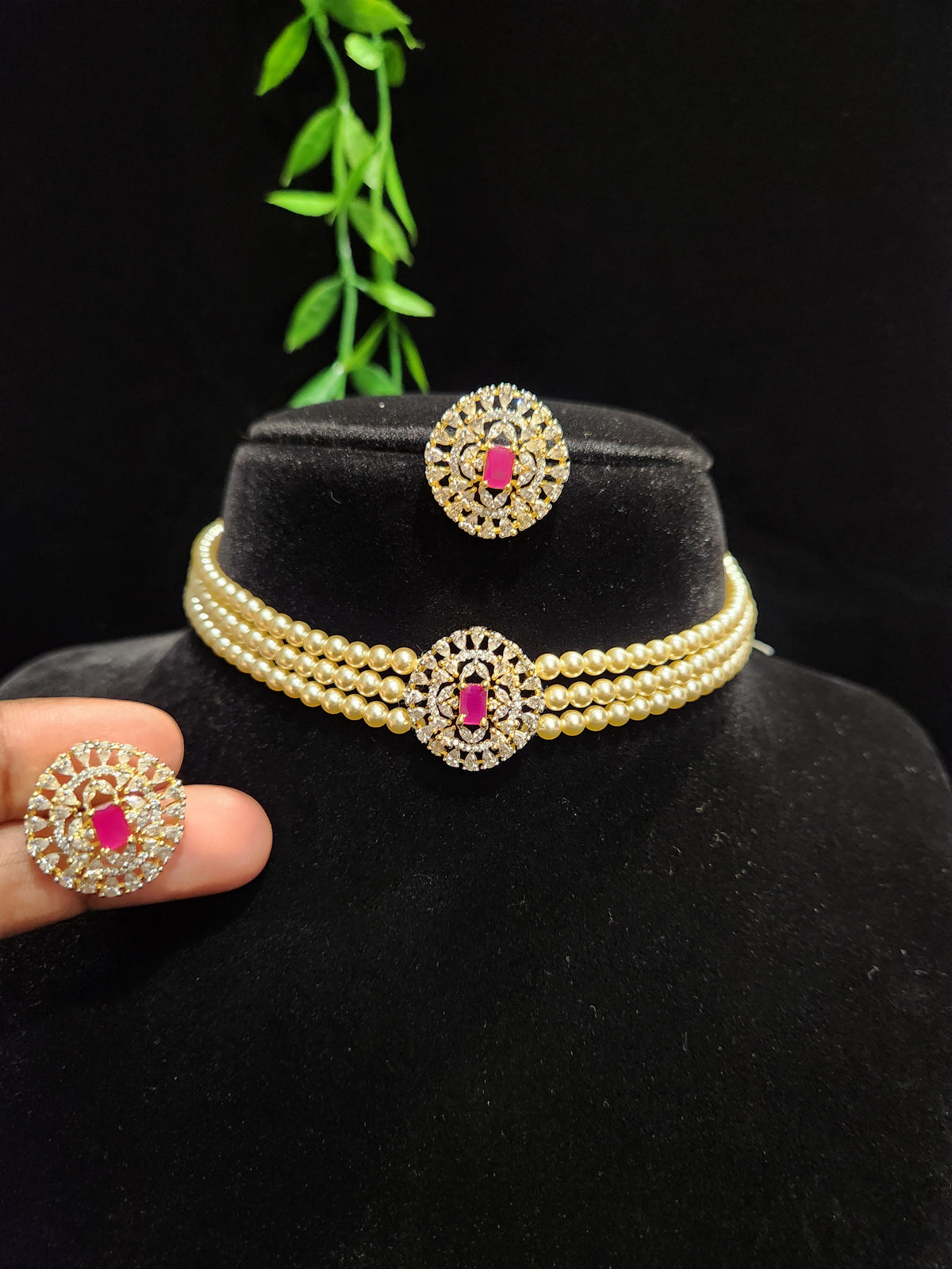 Gold Finish CZ Pearl Choker
