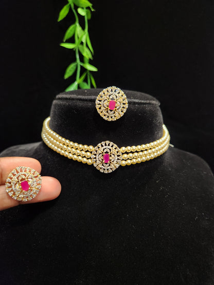 Gold Finish CZ Pearl Choker
