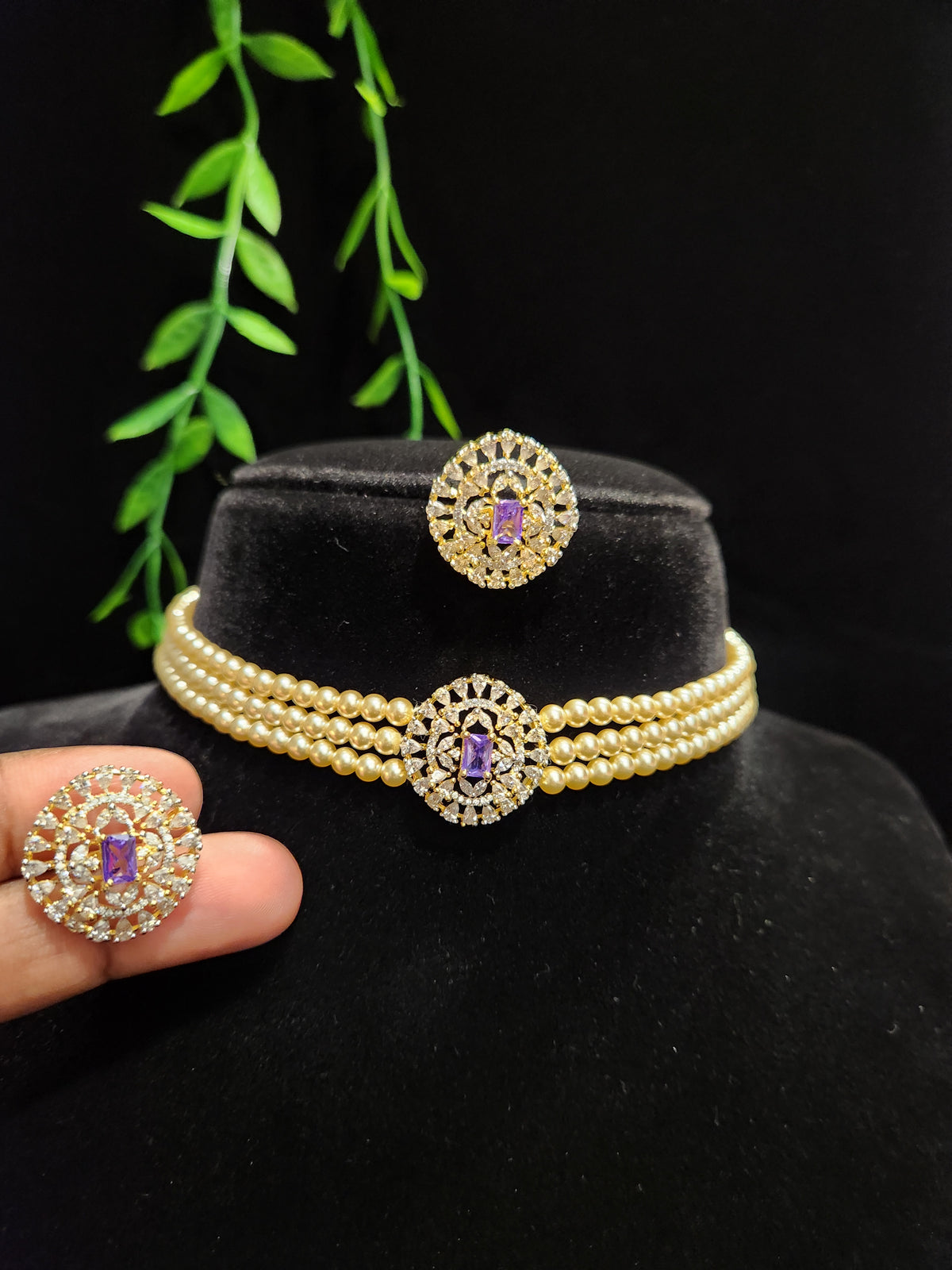 Gold Finish CZ Pearl Choker