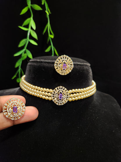 Gold Finish CZ Pearl Choker