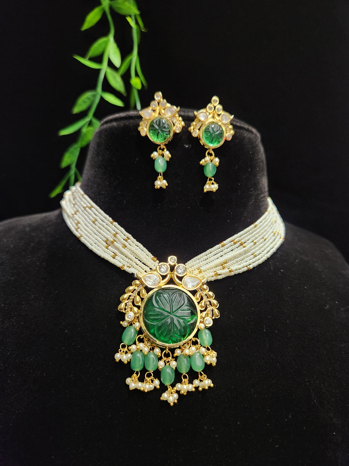 Gold Finish Carved Stone Beaded Choker Set with Matching Earrings