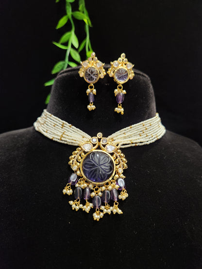 Gold Finish Carved Stone Beaded Choker Set with Matching Earrings