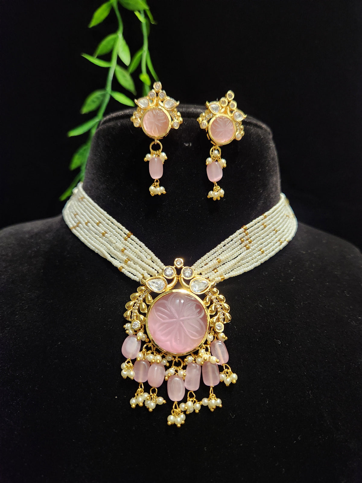 Gold Finish Carved Stone Beaded Choker Set with Matching Earrings