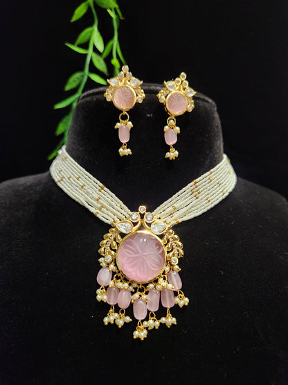 Gold Finish Carved Stone Beaded Choker Set with Matching Earrings