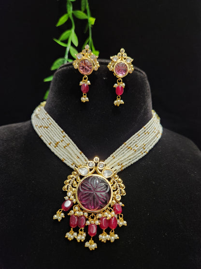 Gold Finish Carved Stone Beaded Choker Set with Matching Earrings