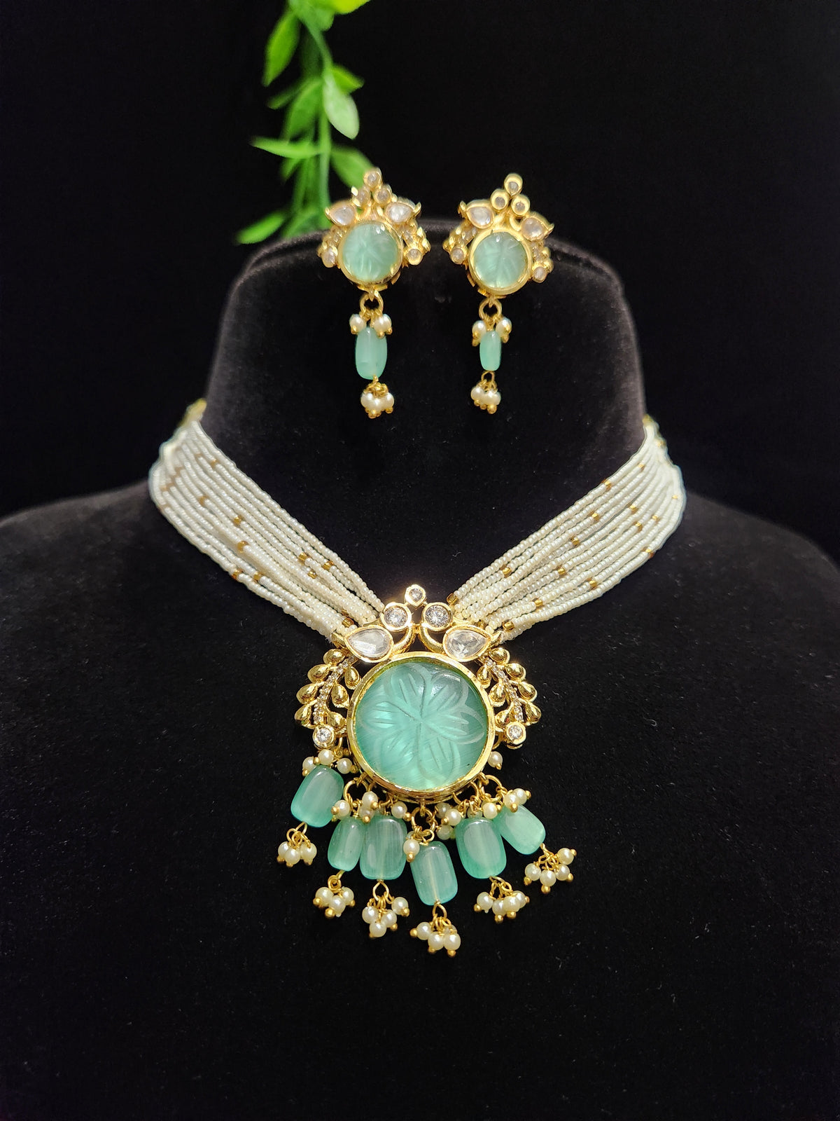 Gold Finish Carved Stone Beaded Choker Set with Matching Earrings