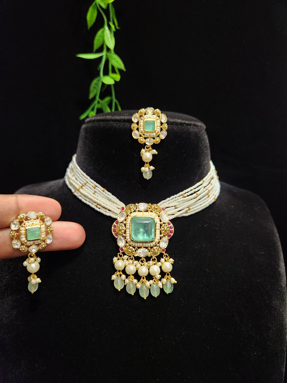 Multicolour Stones Moissanite Necklace Set with Pearl and Strawberry Drops