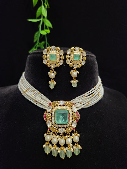 Multicolour Stones Moissanite Necklace Set with Pearl and Strawberry Drops