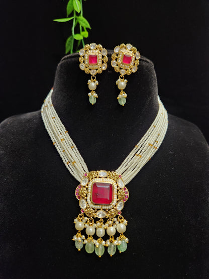 Multicolour Stones Moissanite Necklace Set with Pearl and Strawberry Drops
