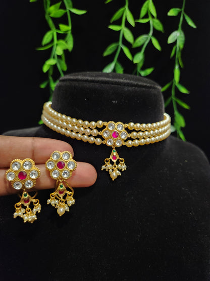 92.5 Kundan Pearl Beaded Choker Set