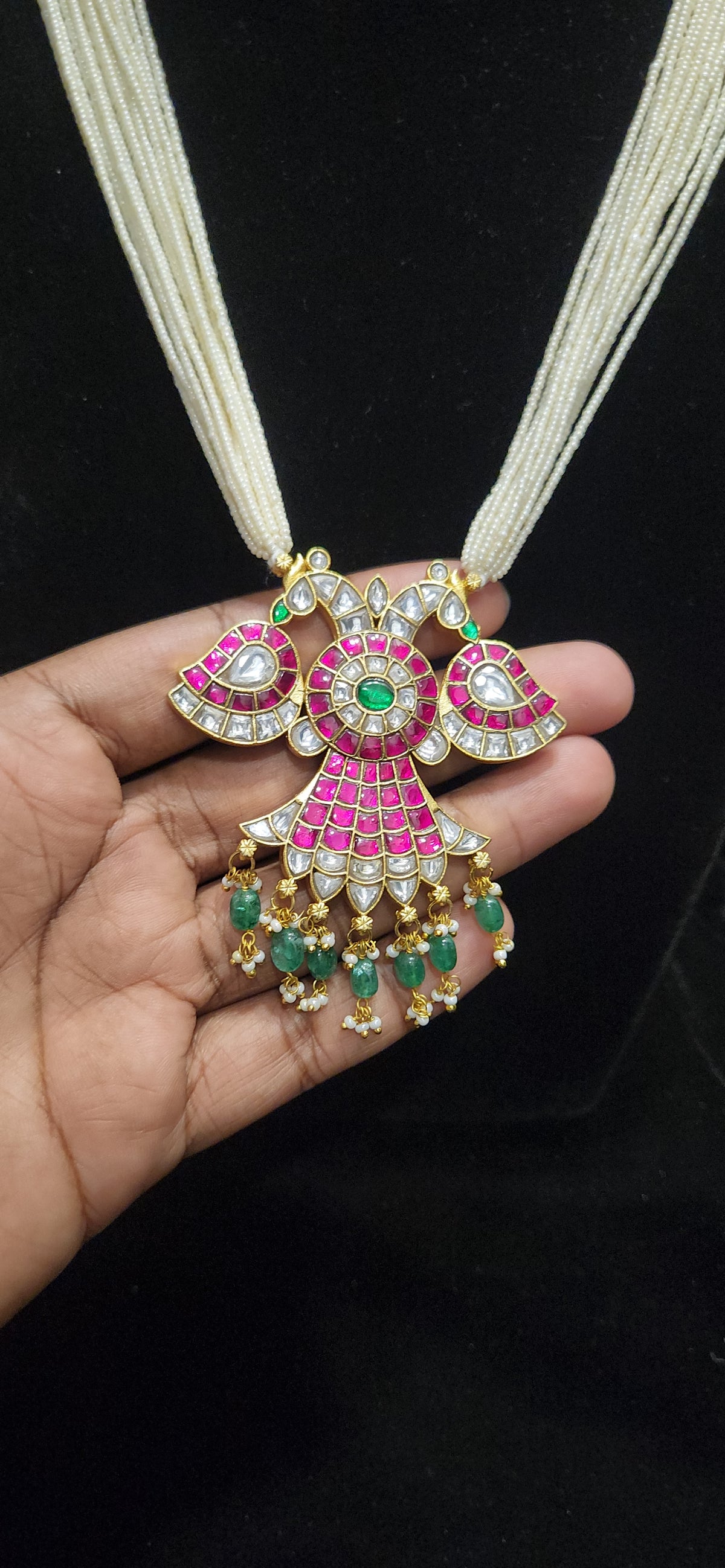 Two-in-One Reversible Pearl Beaded Kundan Garuda Pendant Mala