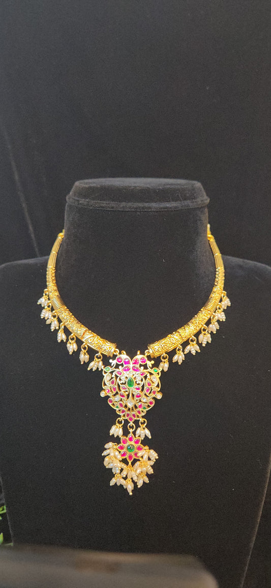 Gold Finish Peacock Kundan Kante with Pearl Hangings