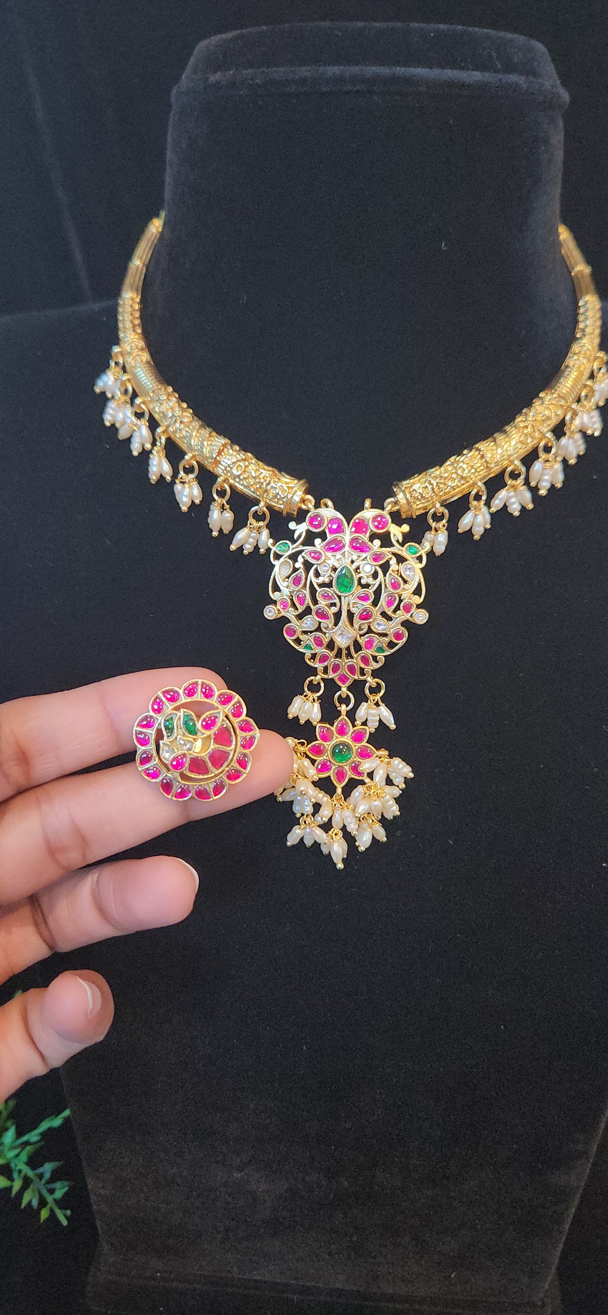 Gold Finish Peacock Kundan Kante with Pearl Hangings