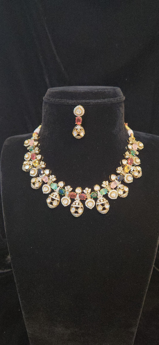 Elegant Multicolor CZ Motif Necklace Set