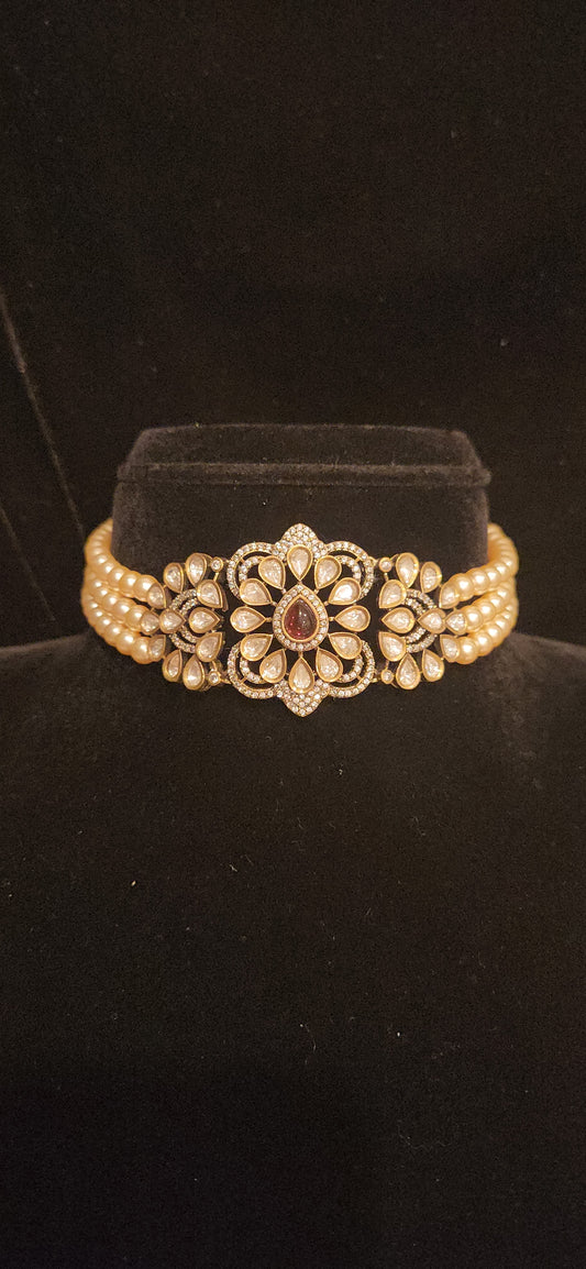 Victorian Finish Pearl Choker with Mossanite brooch