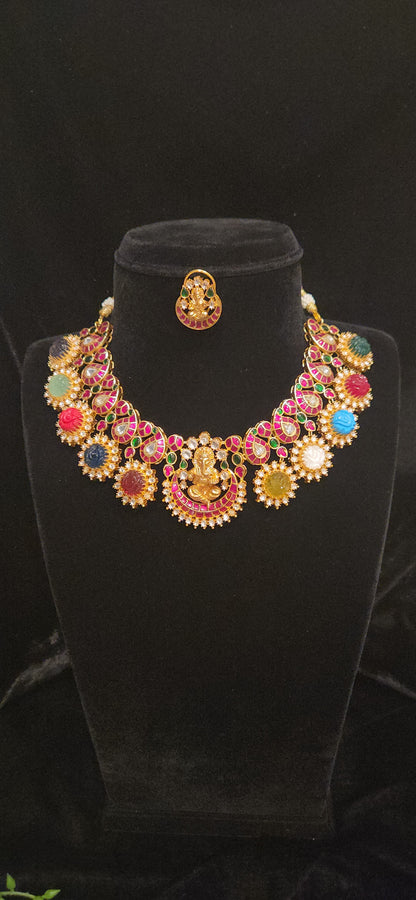 Navarathan Ganesha Kundan Necklace Set