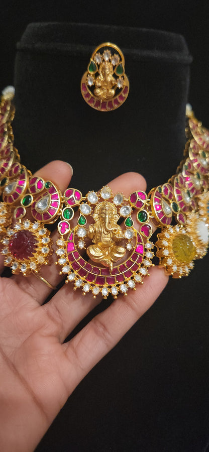 Navarathan Ganesha Kundan Necklace Set