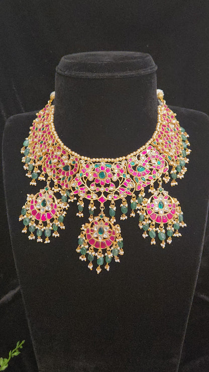 Lavish Floral Jadau Kundan Necklace Set with Bead Hanging