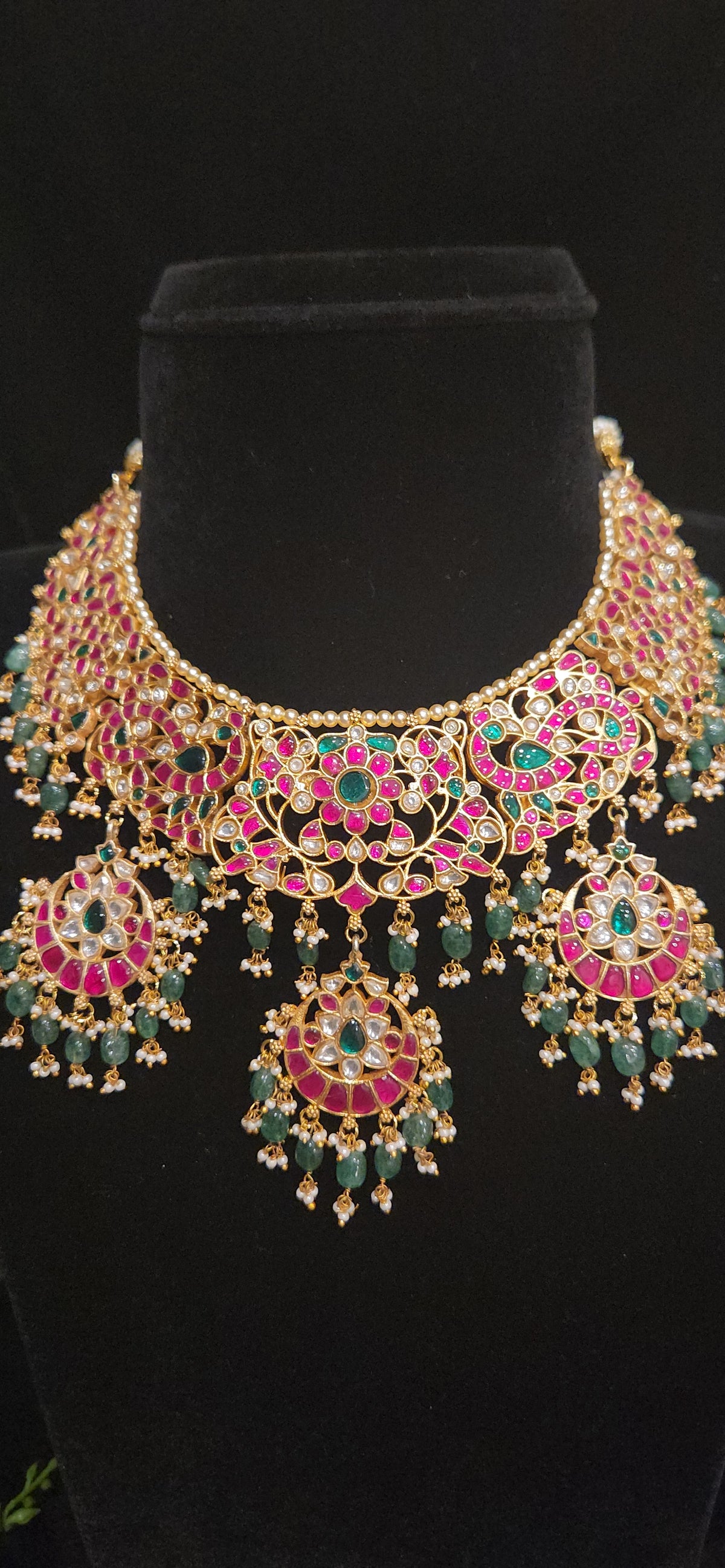 Lavish Floral Jadau Kundan Necklace Set with Bead Hanging