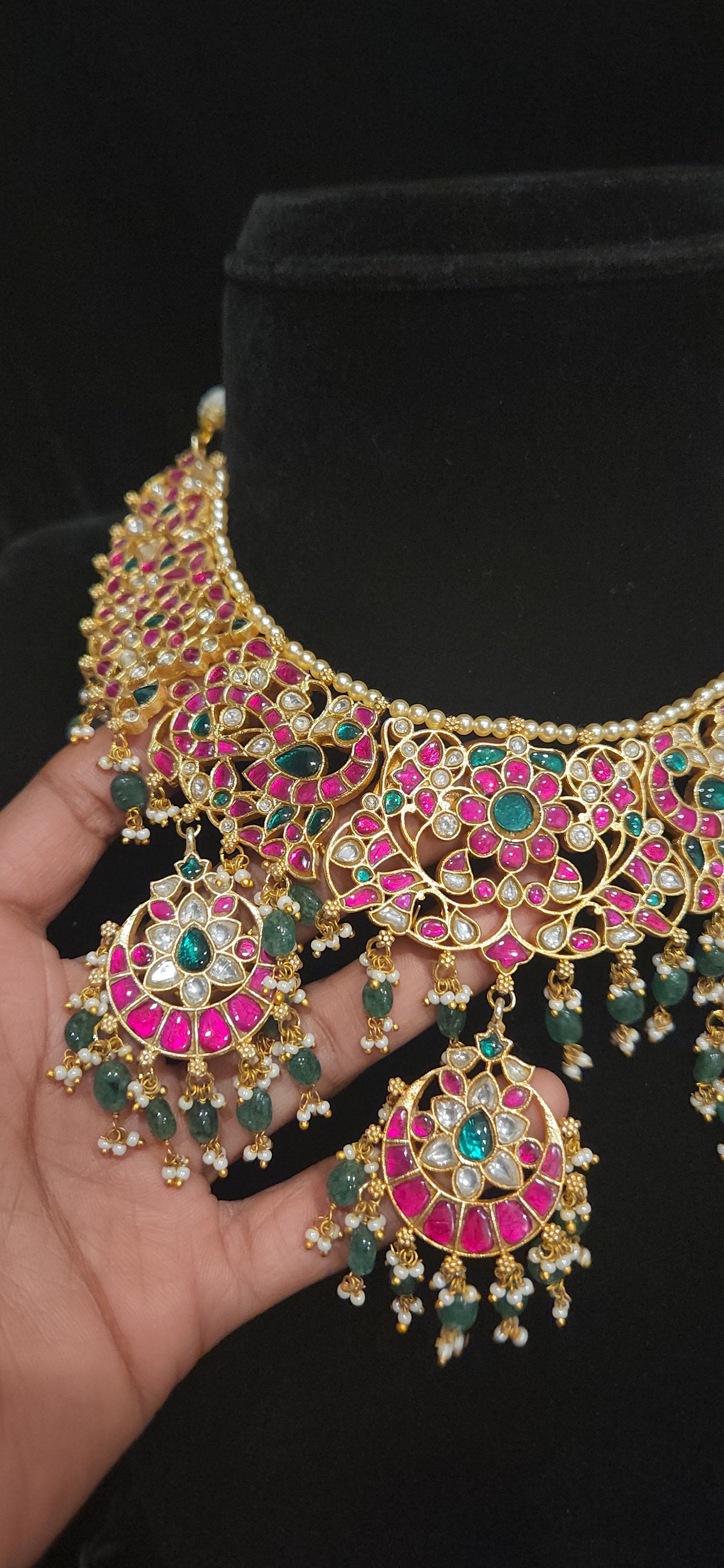 Lavish Floral Jadau Kundan Necklace Set with Bead Hanging