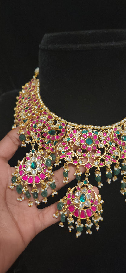Lavish Floral Jadau Kundan Necklace Set with Bead Hanging