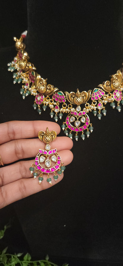 Kundan 3D Peacock Necklace Set with Bead Hangings