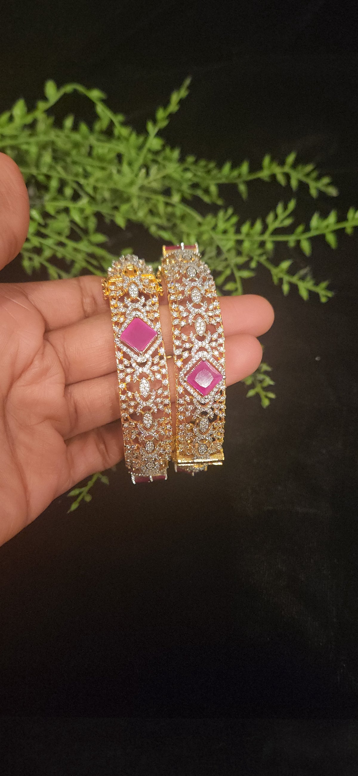 CZ Designer Bangle Set in Ruby and Emerald
