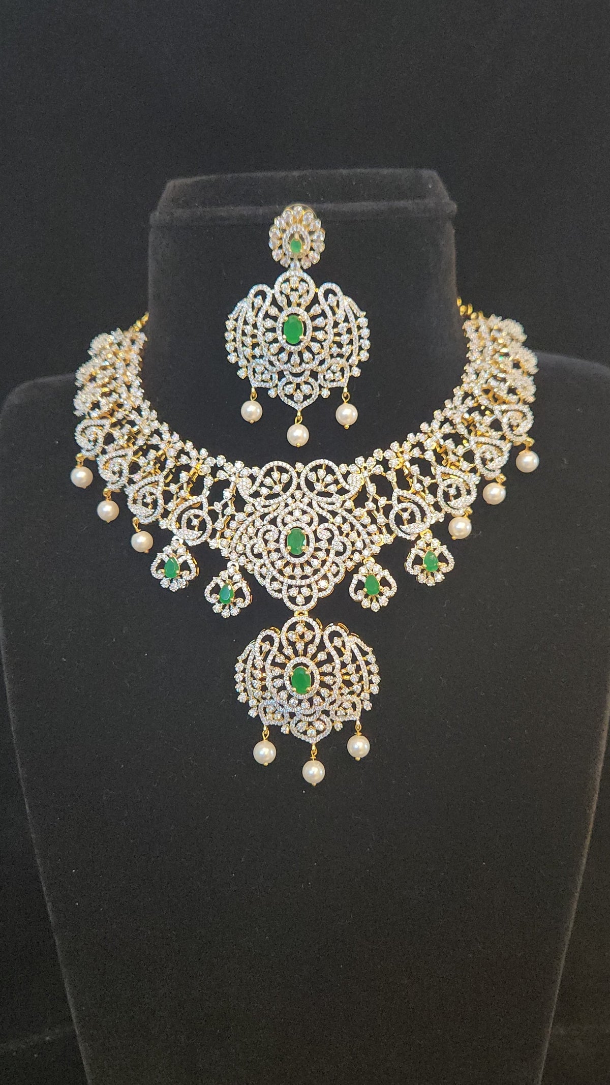 Floral CZ Bridal Necklace Set with Pearl Drops and detachable pendant