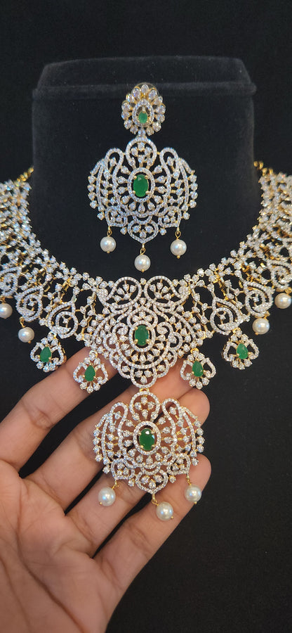 Floral CZ Bridal Necklace Set with Pearl Drops and detachable pendant