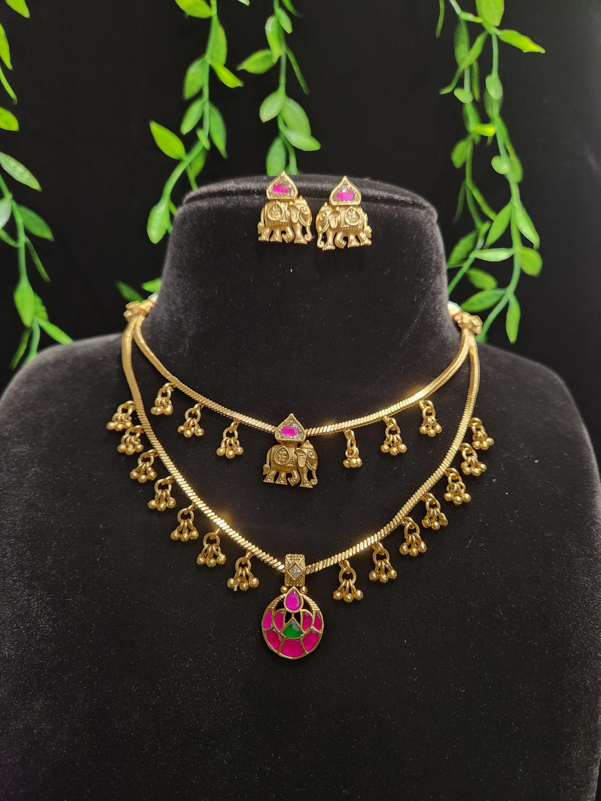 Two Layer Naan Chain with Elephant and Motif Necklace Set