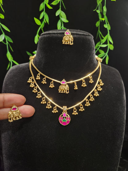 Two Layer Naan Chain with Elephant and Motif Necklace Set