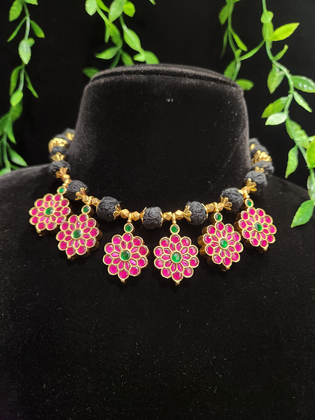 Kundan Black Thread Double Sided Floral Necklace
