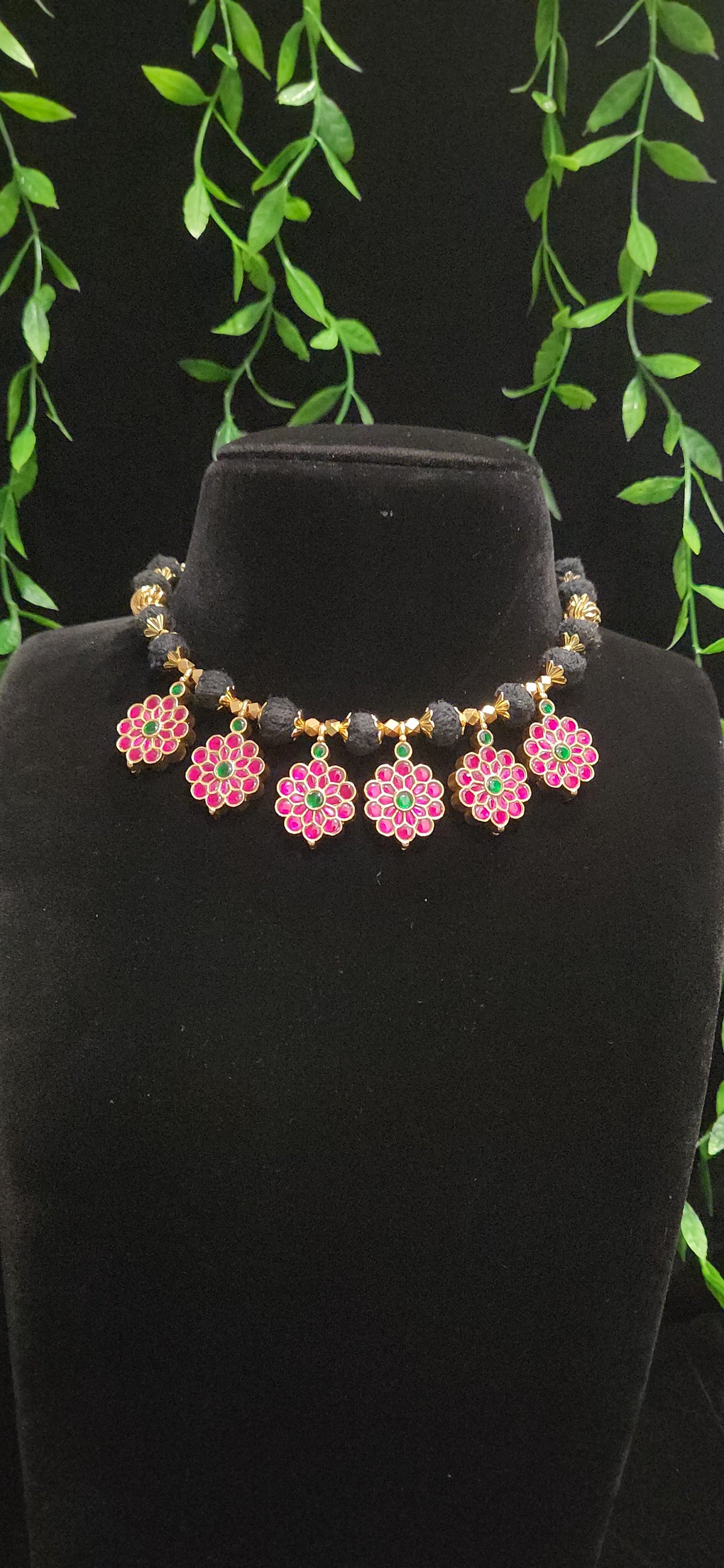 Kundan Black Thread Double Sided Floral Necklace