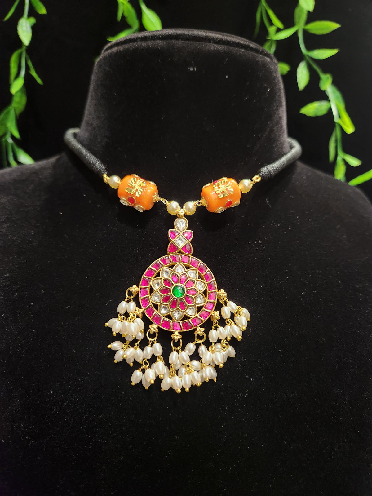 Black Thread Necklace with Double-Sided Kundan Pendant