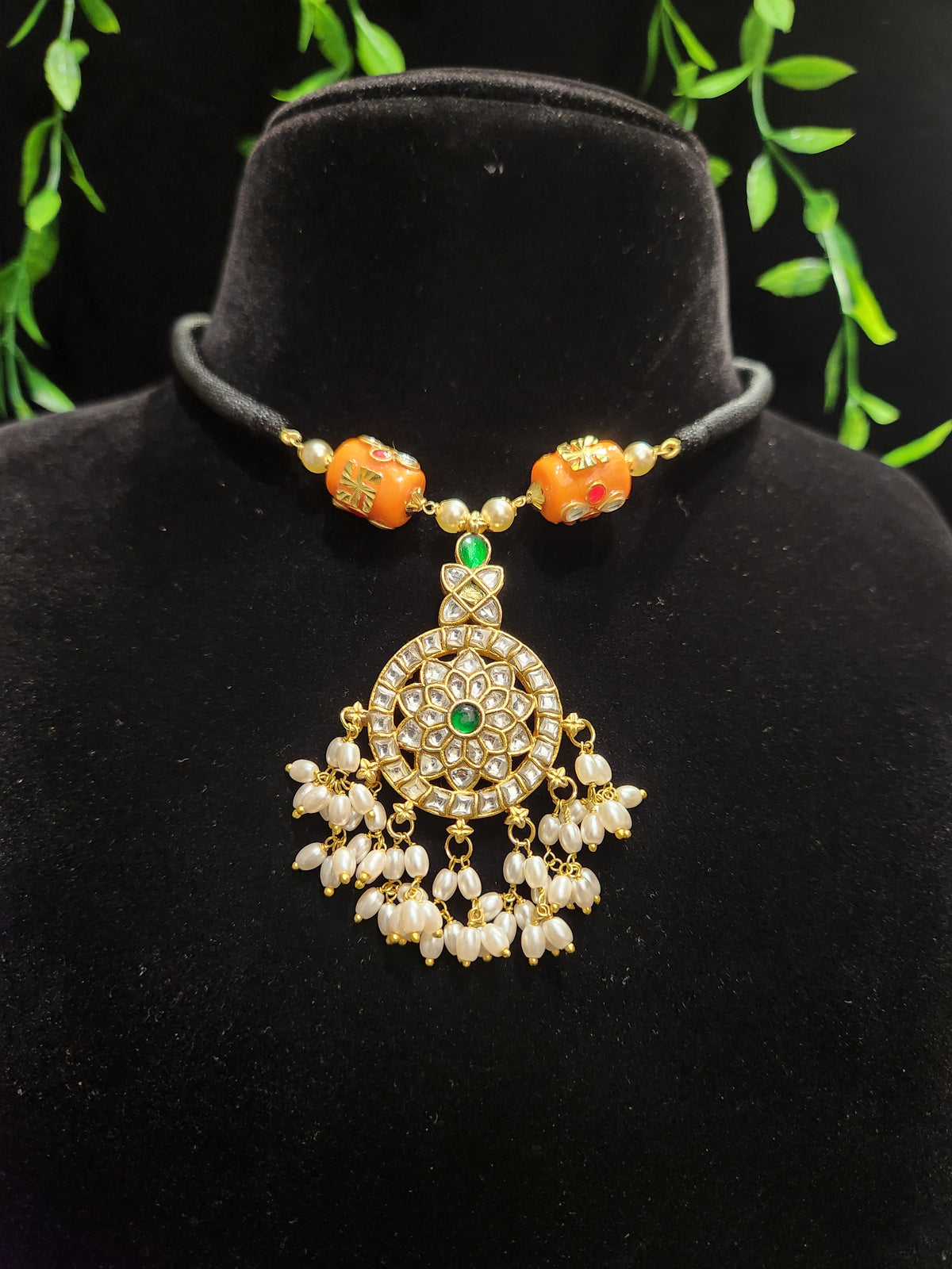 Black Thread Necklace with Double-Sided Kundan Pendant