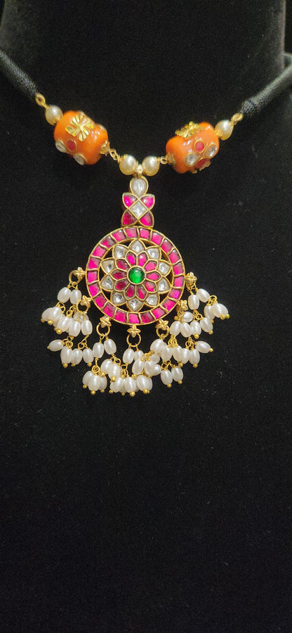 Black Thread Necklace with Double-Sided Kundan Pendant