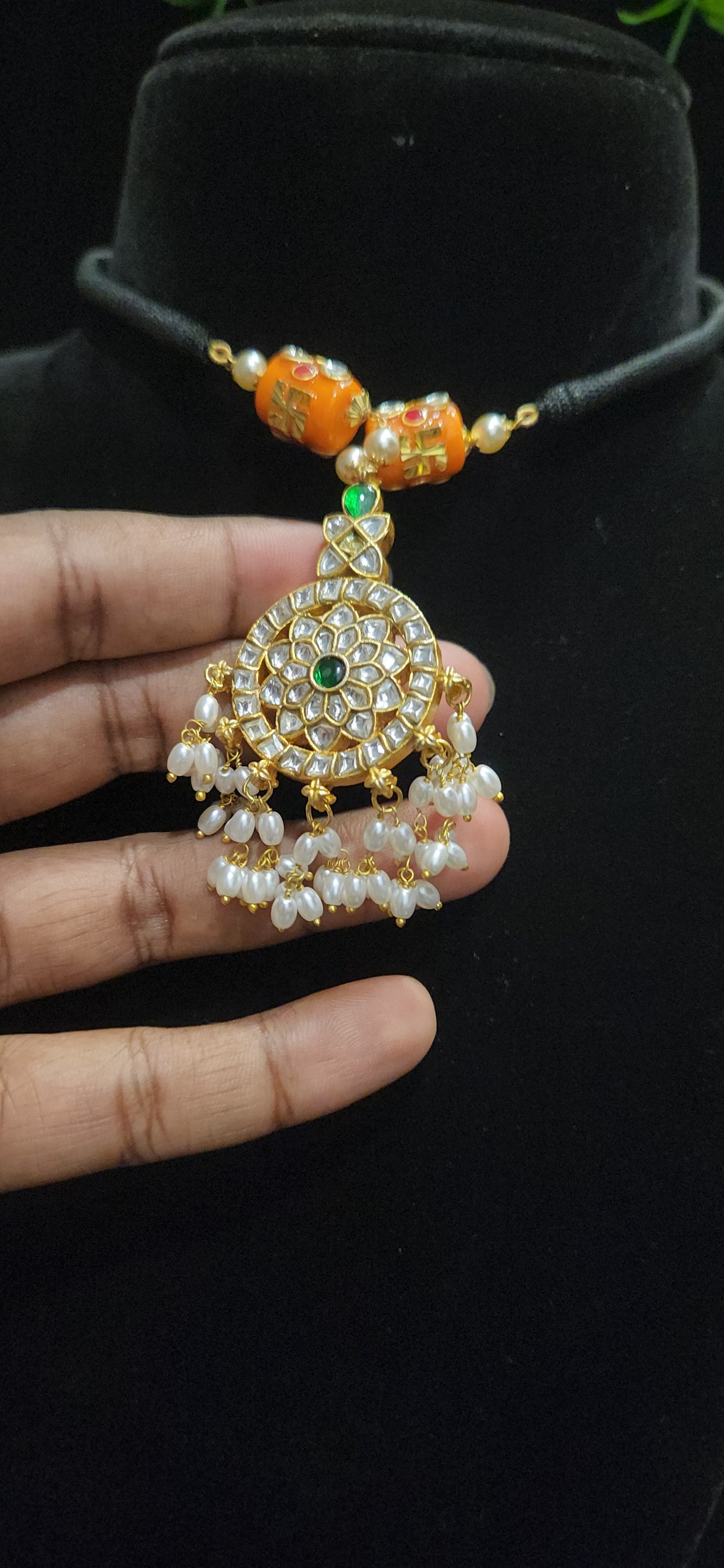 Black Thread Necklace with Double-Sided Kundan Pendant