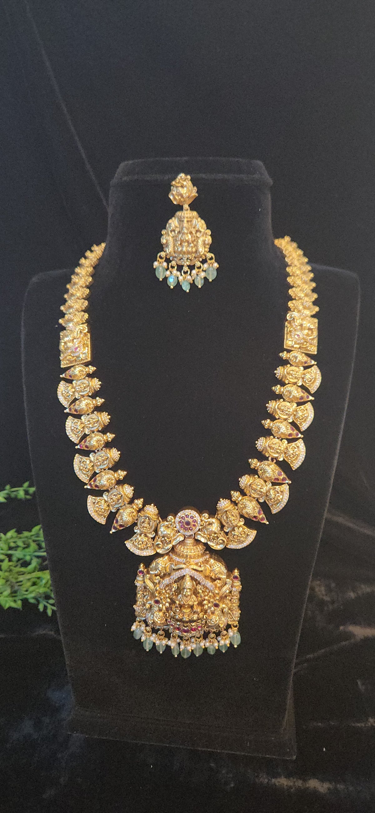 Antique Lakshmi Haram with Green Bead Hangings
