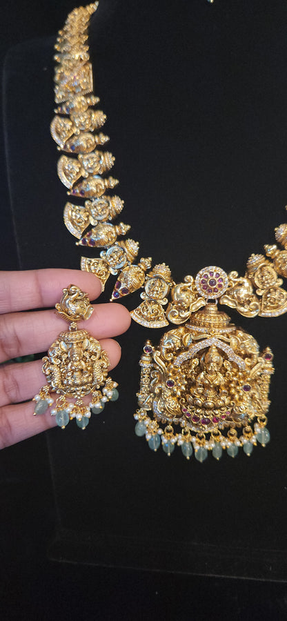 Antique Lakshmi Haram with Green Bead Hangings