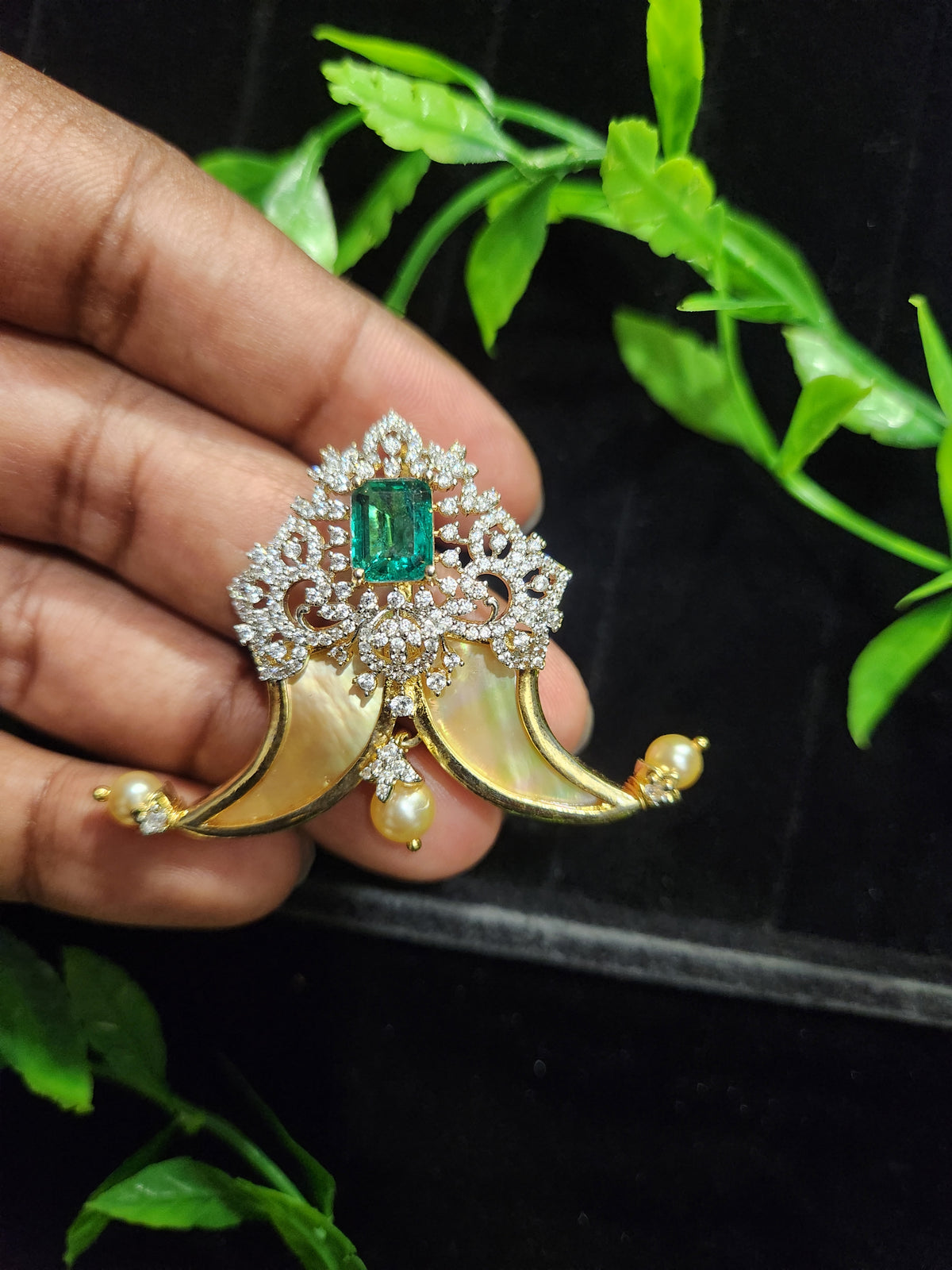 Diamond Finish CZ Tiger Nail Pendant with Pearl Drop