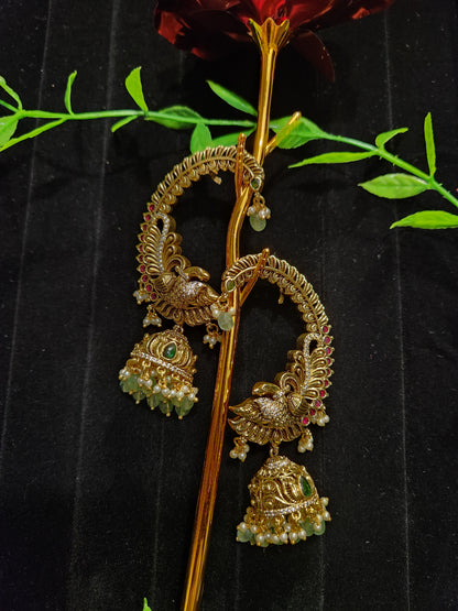 Antique Peacock Earcuff Jhumkas with Green Beads and Pearl Drops
