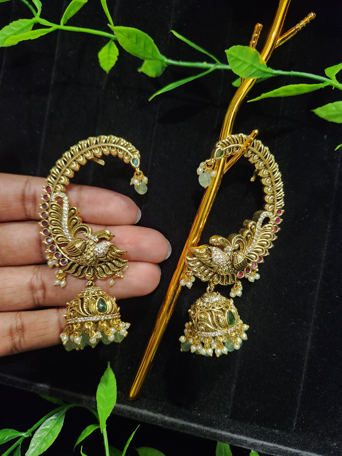 Antique Peacock Earcuff Jhumkas with Green Beads and Pearl Drops