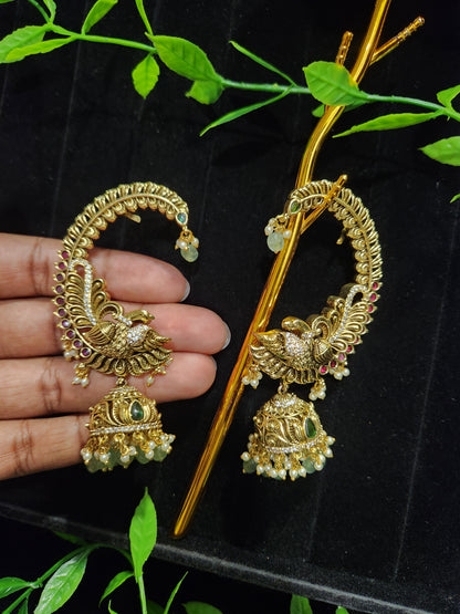 Antique Peacock Earcuff Jhumkas with Green Beads and Pearl Drops