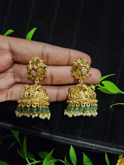 Antique 3D peacock stud Jhumkas with Green Beads & Pearl Drops