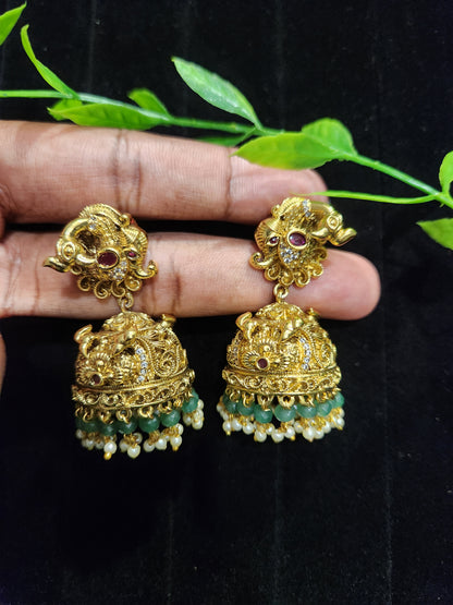Antique 3D peacock stud Jhumkas with Green Beads & Pearl Drops