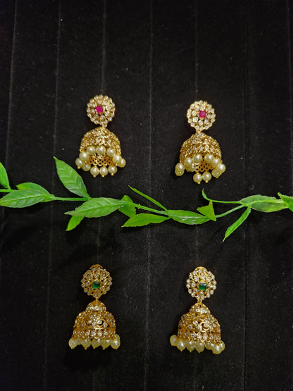 Gold Finish Floral cz Stone Jhumkas
