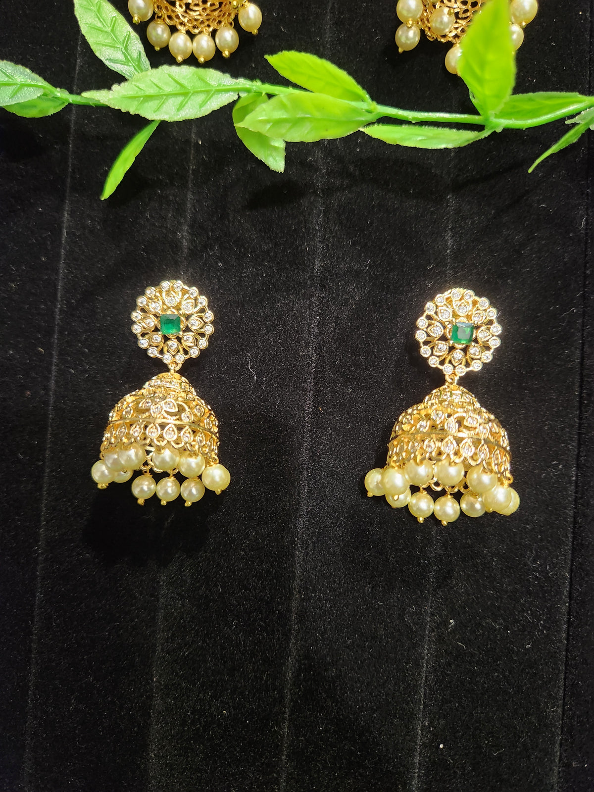 Gold Finish Floral cz Stone Jhumkas