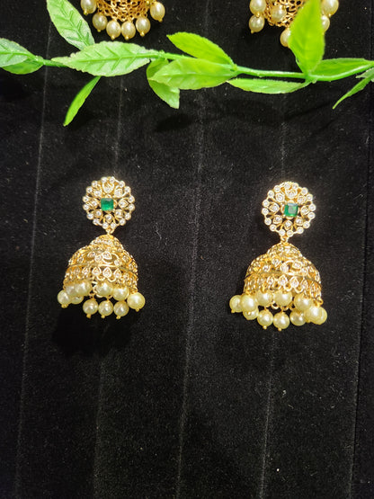 Gold Finish Floral cz Stone Jhumkas